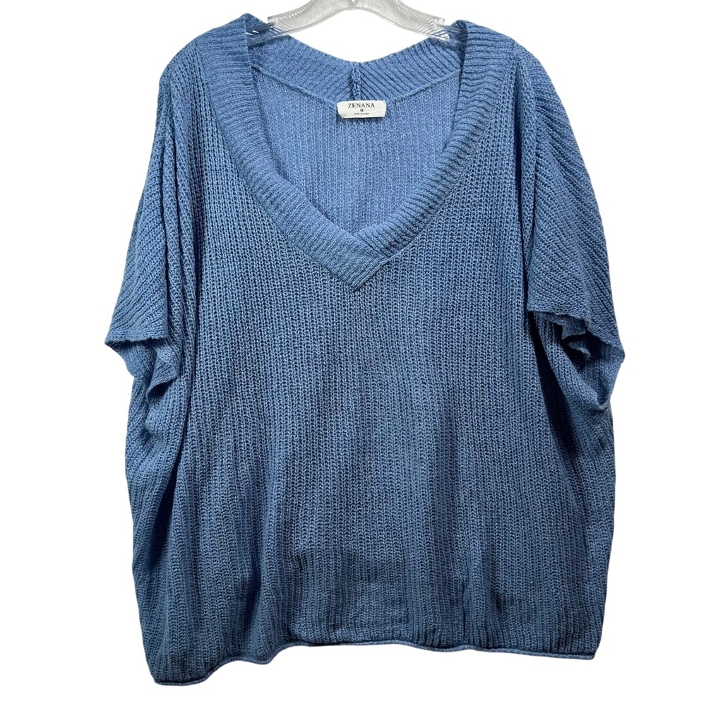 Zenana Blue V-Neck Short Sleeve Knit Sweater Top TW-2073AB Mens Medium Oversized